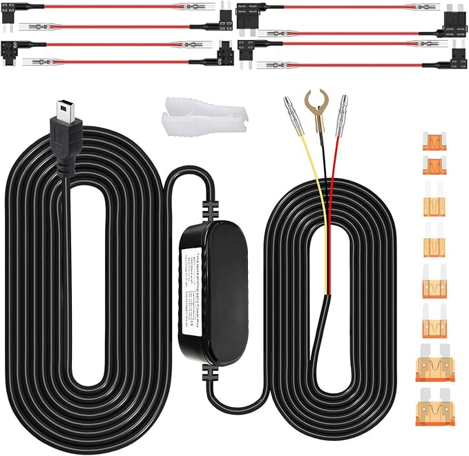 Dash Cam Hardwire Kit, Car Dash Camera Mini Charger Hard Wire Kit for Dashcam DC 12-24V to 5V/2.5A Low Voltage Protection 24h Parking Surveillance with Fuse Tap