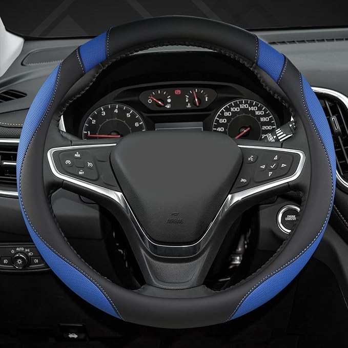 Customized Auto Car Steering Wheel Cover for Chevy 14.5-15 inches, Steering Wheel Cover for Chevrolet (Black+Blue - Standard Size)