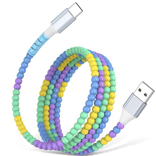 USB A to USB C Cable 3FT,Beaded Charger Cord for iPhone 17 16 Pro Max 17e 15 Car play,Type C Cute Car Charger Cord for iPad 10 11th A16/Samsung S26 S25 S24 S23 FE/Android Phone Girls Women,BlueYellow