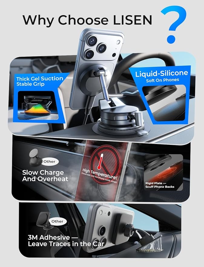 for 15W Magsafe Car Mount Charger, Magnetic Phone Holders for Your Car, Magnetic Wireless Car Charger, Suction Phone Mount for Car Accessories, Car Mount for iPhone 17 Pro Max 16 15 14 13 12 | [Lever Lock & Easiest Mount] Magsafe Car Mount Charge...