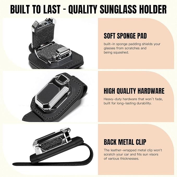 Sunglass Holder for Car Visor, Faux Leather Eyeglass Holder Clip for Car Sun Visor Organizer, Universal One Handed Operation Sun Glass Hanger, Car Interior Accessories for Women Man