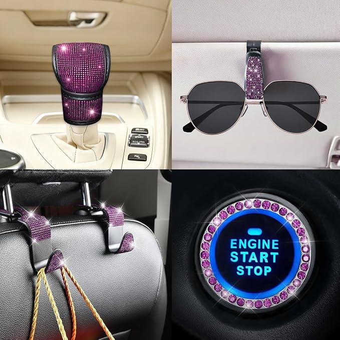 11PCS/Set Bling Car Accessories Set for Women, Rhinestone Vehicle Steering Wheel Cover Seat Belt Cushion Gear Shift Protector Cup Holder Coaster, Universal Automotive Accessories (Pink)