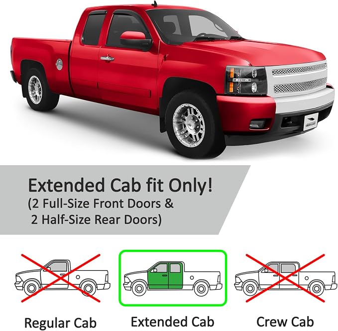Voron Glass Tape-on Extra Durable Rain Guards for Trucks Chevrolet (Chevy) Silverado/GMC Sierra 2007-2013 Extended Cab, Window Deflectors, Vent Window Visors, 4 Pieces - 130093f
