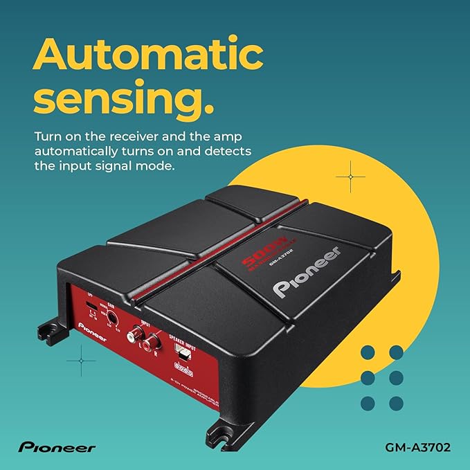 GM-A3702 2-Channel Car Amplifier – 500W Max, Class AB, Bridgeable Design, Automatic Signal Sensing and Turn-on, Built-in high-/Low-Pass Filter