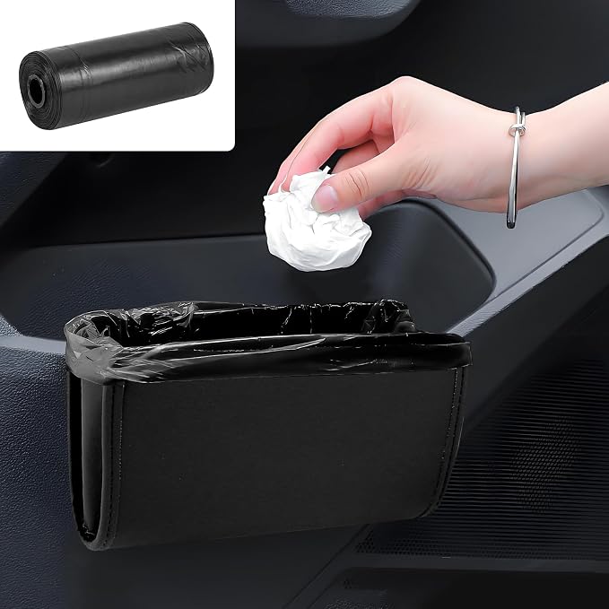 Car Trash Can, Leather Waterproof Automotive Garbage Can with Trash Bag, Hanging Mini Vehicle Trash Bin, Small Auto Door Organizer Storage Pouch, Universal Car Accessories (Black)