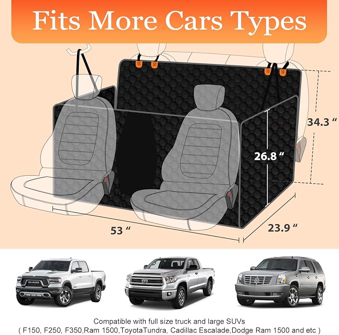 Waterproof Dog Hammock for Truck, Compatible with F150/RAM, Orange | Visible Mesh Window,Great Gift,Storage Pockets,Effortless Cleaning, designed for full-size trucks, water-resistant polyester