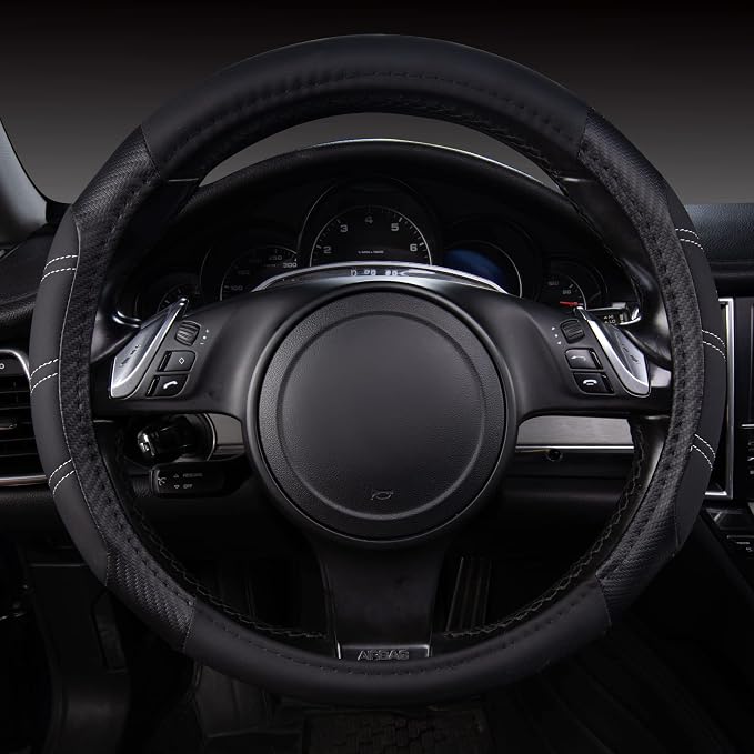 Line Rider Microfiber Leather Sporty 14.5-15 inch Steering Wheel Cover Universal Fits for 95% Truck,SUV,Cars, Anti-Slip Safety Comfortable Design (Black Carbon Fiber)
