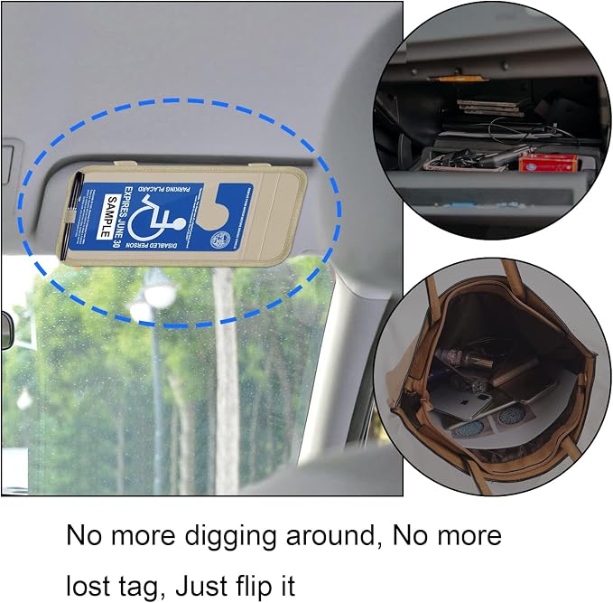 Handicap Placard Holder for Auto, Disabled Parking Permit Sign Protector for Car Sun Visor with Note Paper Slot, Pen Holder and Elastic Strap - Khaki