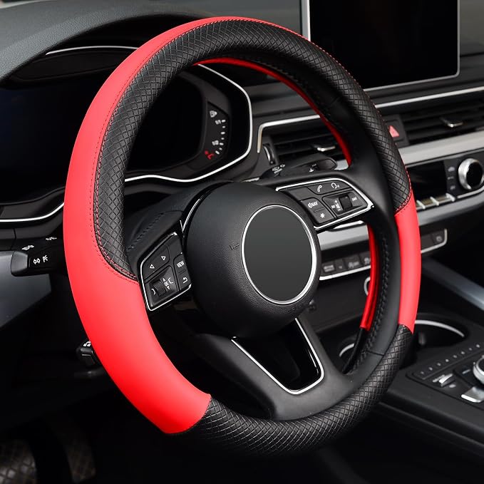 Steering Wheel Cover, Universal Fit 15 Inch Microfiber Leather Car Wheel Protector, Anti-Slip, Red