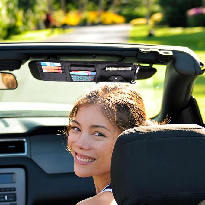 2 Packs Car Sun Visor Organizer, Sunglasses Holders for Car Sun Visor PU Auto Interior Accessories Storage Travel Document Holder with Multi Pocket (Black, 12.2 x 6.1 Inches)