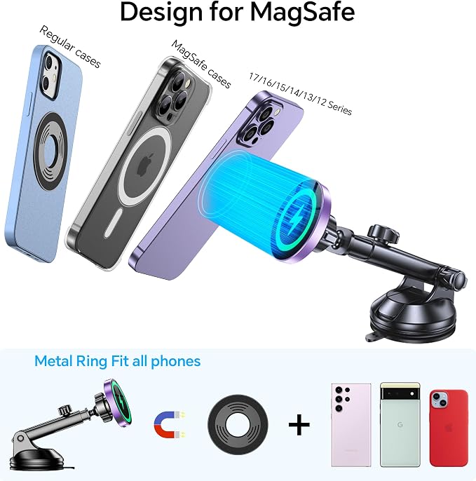 for MagSafe Car Mount Charger【Ultra Magnet】 Magnetic Phone Holders for Your Car Charger【Windshield+Vent+Dash】 Magnetic Wireless Car Phone Holder Charger Car Mount for iPhone 17 (Purple)