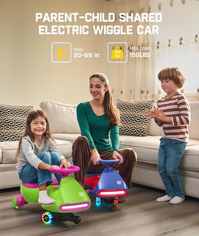 N7 Pro Electric Wiggle Car, Rechargeable Battery, CyberWiggle, 2 in 1 Swing Car, 2 Speeds Max 4 Mph, Anti-Rollover, Flashing Wheels, Bluetooth, Ages 3+, 150 Lbs, Grape Green