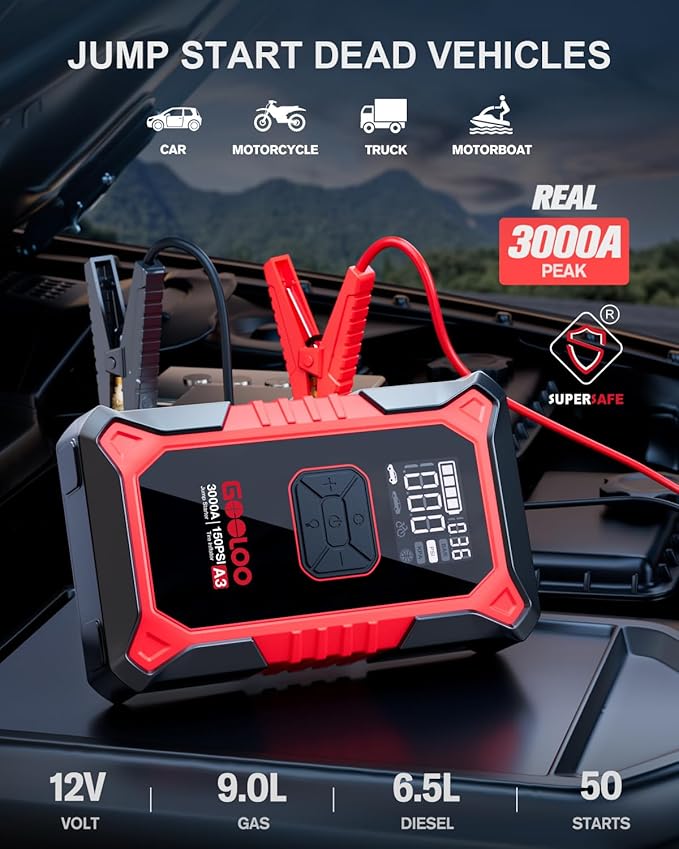 A3 Jump Starter with Air Compressor, 3000A Portable Car Battery Booster (9.0 Gas/6.5L Diesel) with 150PSI Auto-Shutoff Tire Inflator, 12V Supersafe Lithium Jump Box Car Battery Jumper Starter