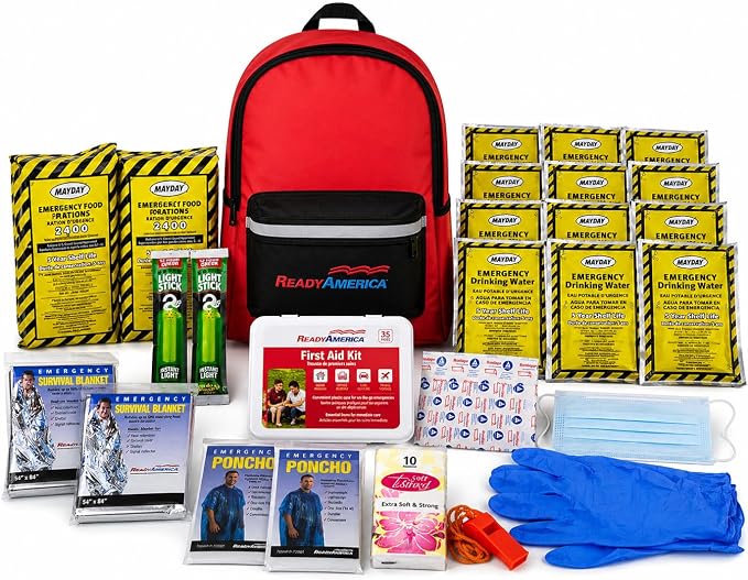 70280 72 Hour Emergency Kit, 2-Person, 3-Day Backpack, Includes First Aid Kit, Survival Blanket, Portable Preparedness Go-Bag for Camping, Car, Earthquake, Travel, Hiking, and Hunting, Red