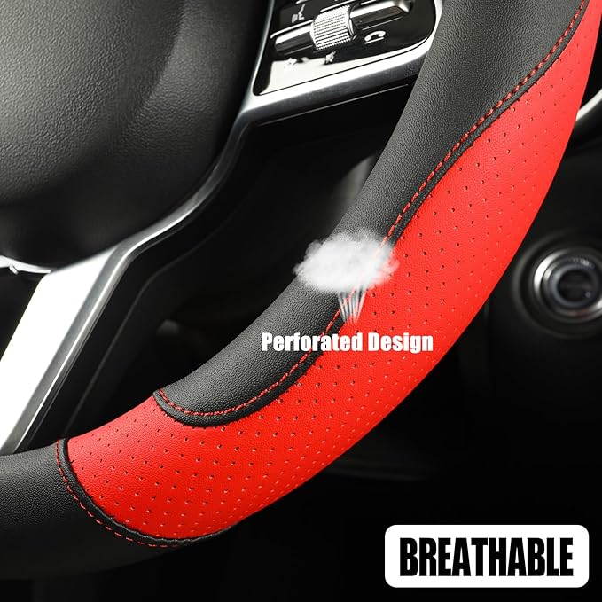 Black Red Microfiber Leather Steering Wheel Cover 14 inch | Breathable Anti Slip Grip Cool Sporty Look Glow for Women Men