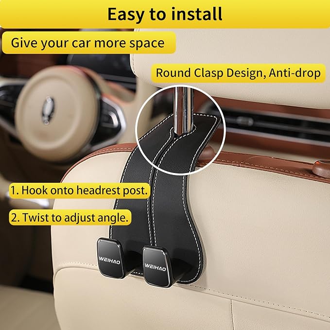 Wide Purse Hook for Car, Twin Hook Leather Car Headrest Hangers, Car Seat Back Storage Hook, Headrest Hooks Purse Bag Holder for Car Universal Fit Sedan Trucks SUVs Most Vehicles (Black-2PCS)