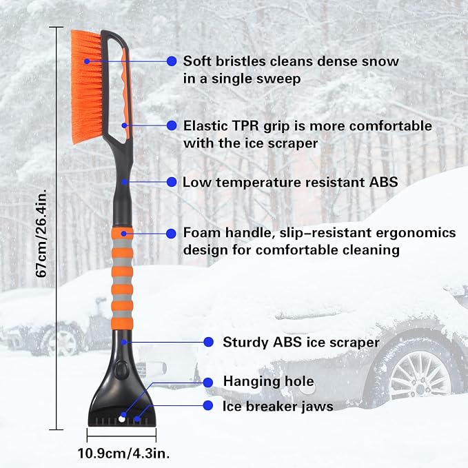 Snow Brush and Ice Scraper for Car Windshield,26.4" Window Scraper Deicer for Car SUV and Truck,Ice Scrapers and Brushes 2 in 1,Winter Car Automotive Exterior Accessories(1Pack Orange)