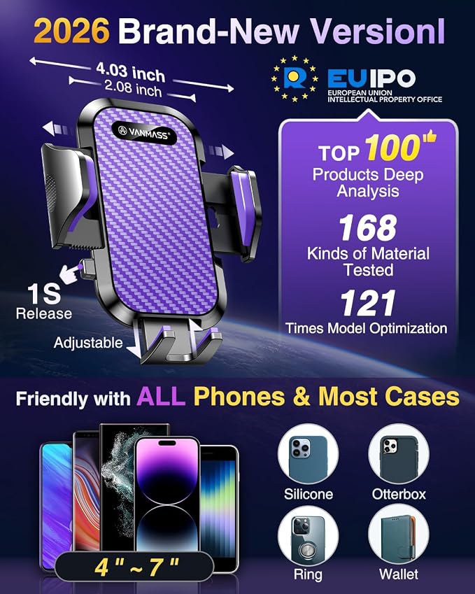 Phone Holders for Your Car Ultimate Military-Grade Car Phone Holder Mount【Patent & Safety Certs】 Upgraded Shockproof Truck Air Vent Phone Mount for iPhone 17 Pro Max 16 Samsung Android,Purple