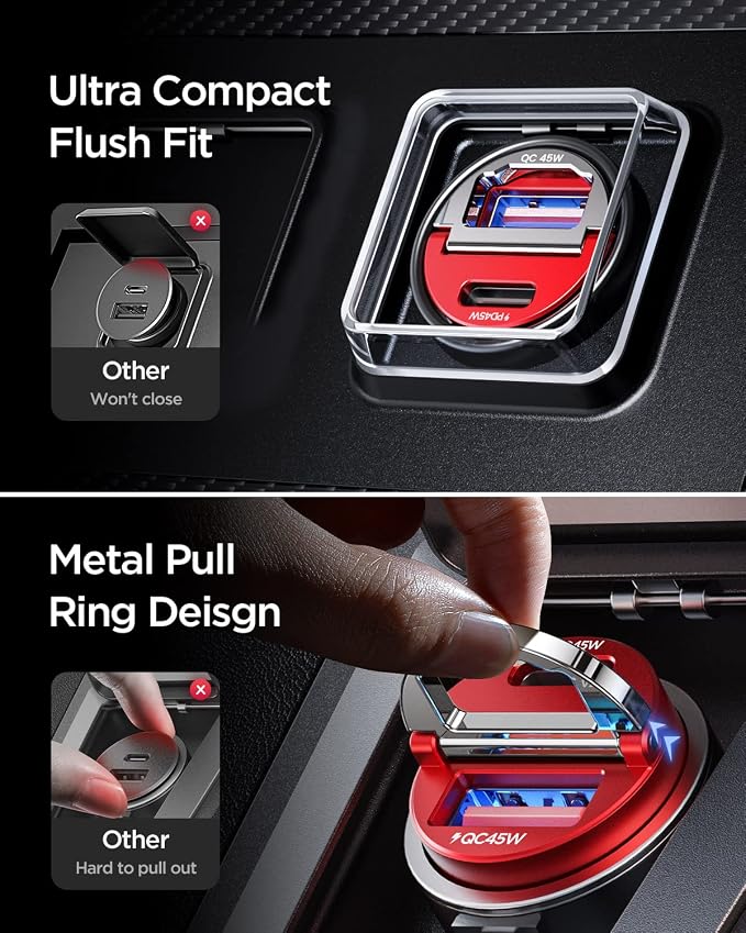 90W USB C Car Charger Fast Charge, PD45W & QC45W, Flush Fit, Extra 3.3ft Type C Cable, All Metal, Cigarette Lighter USB Charger for iPhone 16 15 Pro Samsung S25 S24 S23 Ultra Pixel 8/8Pro/7-Red