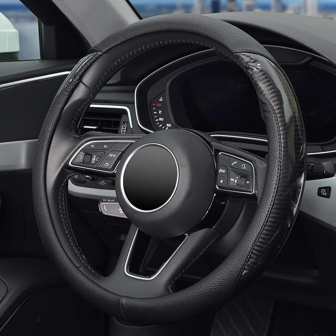Car Steering Wheel Cover Universal 14 1/2"-15" Leather Carbon Fiber Anti-Slip Car Accessories, Black
