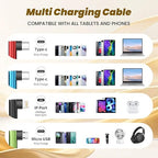 Travel Essentials 90 Degree Charging Cable, 4 in 2 USB A/USB C Multi Charging Cable, Right Angle Universal Phone Charger with IP/Type C/Type C/Micro Port, Compatible with Most Cell Phones and More