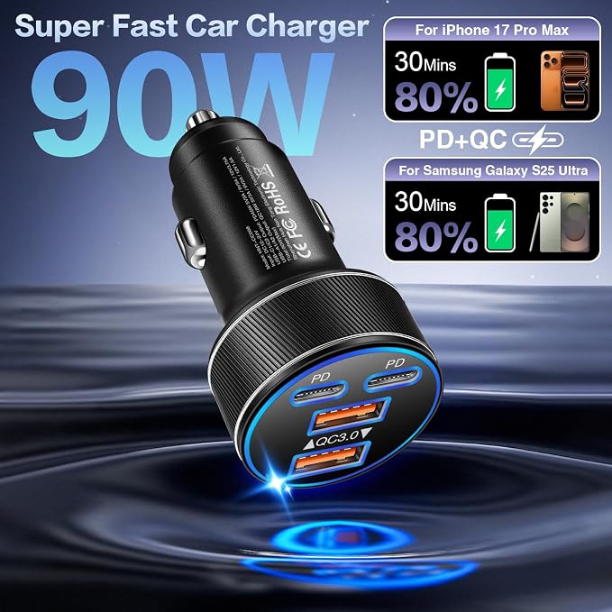 USB C Car Charger, Multi Port 90W Super Fast Charging Cigarette Lighter Adapter, 4-in-1 Dual USB-C & USB-A Car Phone Power Adapter for iPhone 17/16/15/Pro Max, iPad, Samsung Galaxy S25 (Black, 5-Pack)