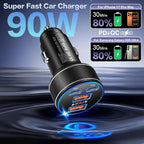 USB C Car Charger, Multi Port 90W Super Fast Charging Cigarette Lighter Adapter, 4-in-1 Dual USB-C & USB-A Car Phone Power Adapter for iPhone 17/16/15/Pro Max, iPad, Samsung Galaxy S25 (Black, 1-Pack)