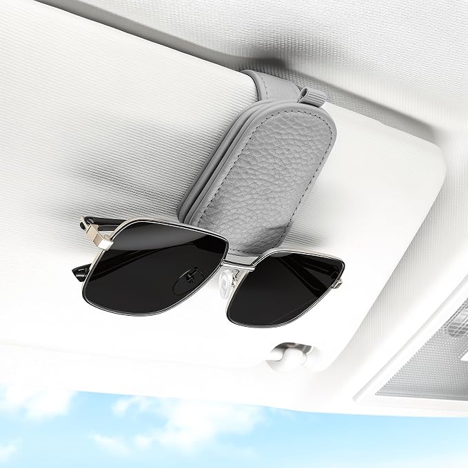Sunglasses Holder for Car, Leather Magnetic Buckle Sun Visor Sunglass Clip, Ticket Card Storage Glasses Clip, Car Interior Accessories for Men and Women（Gray）