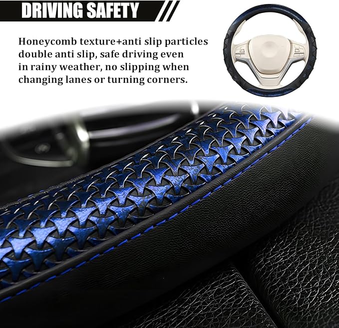 Car Steering Wheel Cover, 14.5-15" Anti-Slip Steering Wheel Protector with 3D Honeycomb Massage Grip, Comfortable Auto Interior Decor Accessories, Universal for SUV Van Truck (Black/Blue)