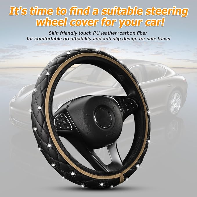 Bling Car Steering Wheel Cover, Non-Slip Elastic Stretch Leather Auto Steering Wheel Protector, Sparkling Diamond Vehicle Decor Accessories for Women Girls, Universal for Vehicles (Beige)