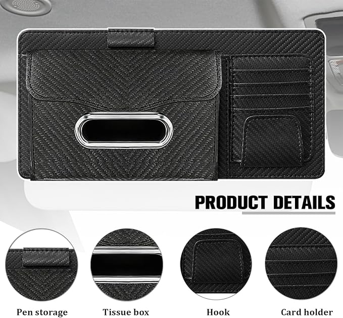 Car Sun Visor Organizer, Carbon Fiber Visor Glasses Tissue Card Holder Storage Pocket Pouch, Multifunctional Auto Sunshade Organizer Case Bag for Pens Documents Napkin, Universal Fit (Black)