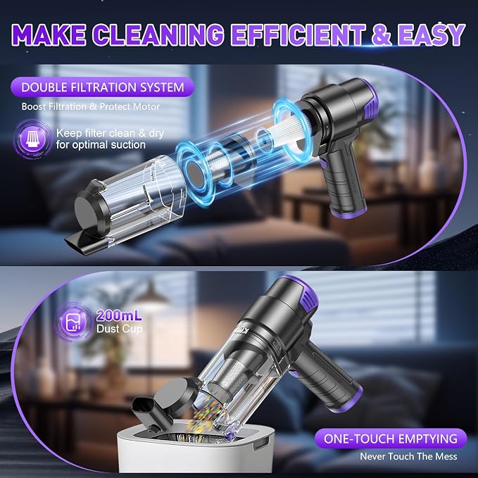 Handheld Car Vacuum Cleaner, 16000PA Air Duster & Vacuum Cleaner, 120W High Power Hand Held Vacuum Cordless, Portable Vacuum Rechargeable with Multi-Nozzles & LED Light for Car, Home, Pet, Office