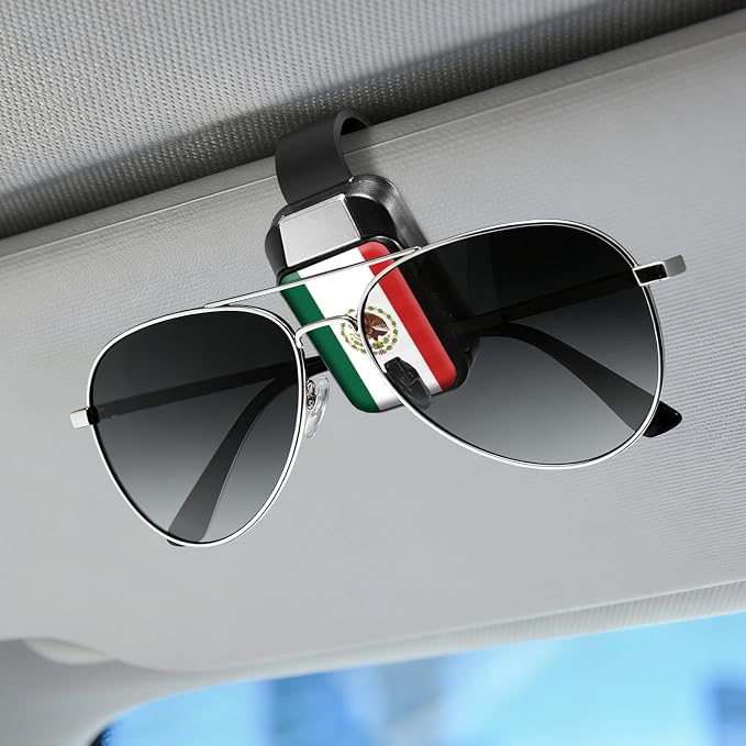 2 Pack Sunglasses Holder for Car, One-Handed-Operation Visor Sunglass Holder Clip, Easy Access Storage for Driving,Universal Fits (Black-Mexican Flag)
