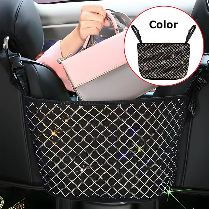 Bling Car Net Pocket Handbag Holder, Rhinestone Vehicle Backseat Purse Organizer Between Seats, Diamond Hanging Storage Bag Barrier of Pet Kids, Universal Automotive Accessories (Multicolor)