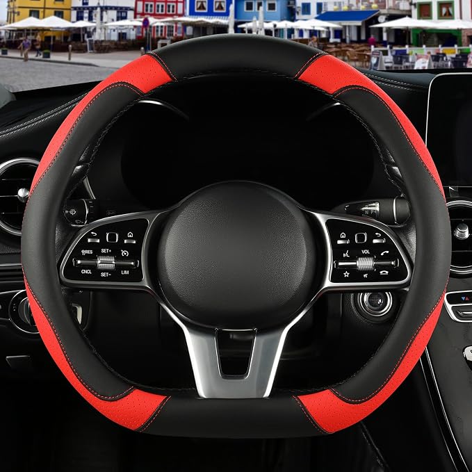 Black Red Microfiber Leather D Shaped Steering Wheel Cover | Breathable Anti Slip Grip Cool Sporty Look Glow for Women Men