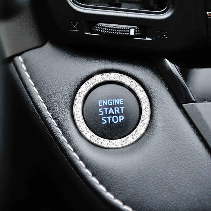 Car Bling Crystal Rhinestone Engine Start Ring Stickers, 1 Single Drainage Drill and 1 Double Drainage Drill Car Start Button Cover, Key Ignition Knob Bling Ring Decals, Car Accessories(Set Silver)