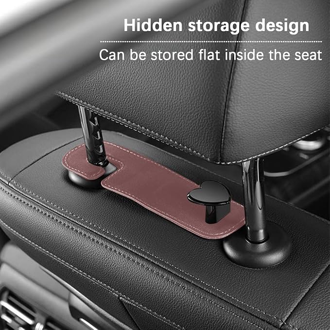 2PCS Car Seat Headrest Hook, Suede Leather Heart Hanger, Brown | 1.77x6.42 Inch, Universal fit, most Sedans/SUVs/Trucks, alloy core, half-open mount, interior accessories
