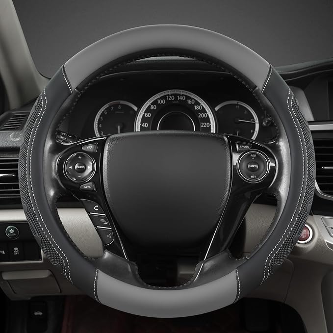 Microfiber Leather Steering Wheel Cover for Honda Accord,Civic,CR-V,HR-V,Pilot(Black+Gray-Standard Size)