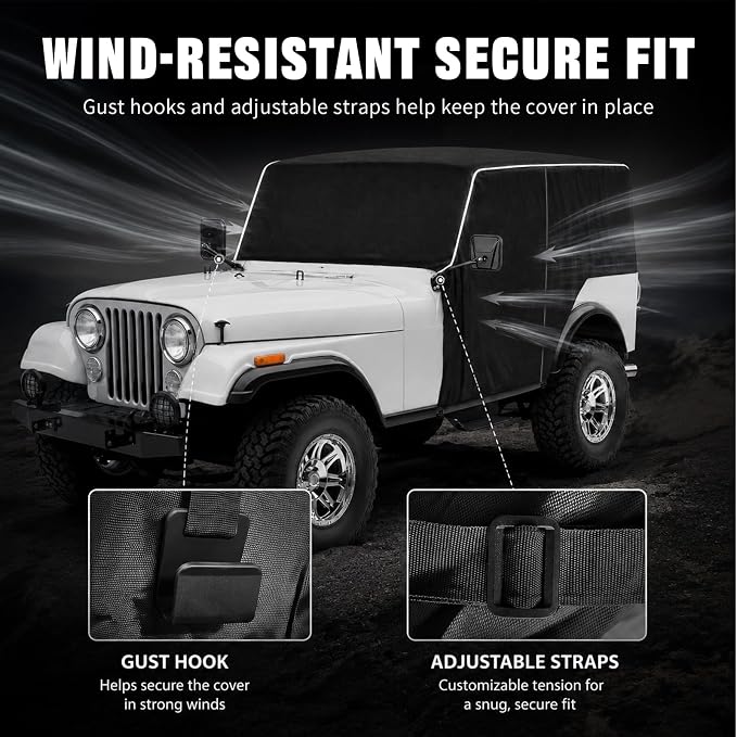 600D Cab Cover Windproof Sunshade Cover Compatible with Jeep Wrangler CJ7 1976-1986 2 Door, 6-Layer Protection Frost Wiper & Mirror Covers Protect from Sunshine, UV, Snow, Rain