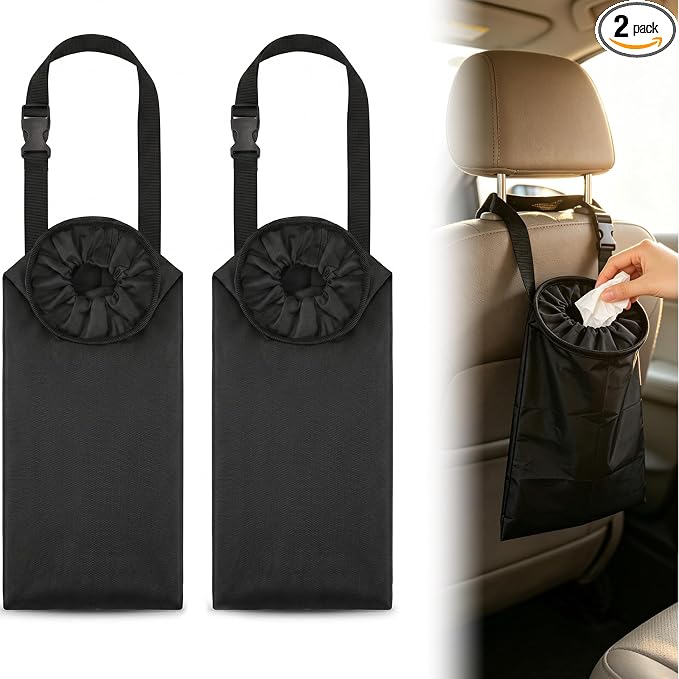 Car Trash Bag, Hanging Car Garbage Bag with Elastic Top Opening & Bottom Removable Opening, Washable Polyester Litter Bin for Car Seat Back, Travel, SUV, Truck, Black, Pack of 2