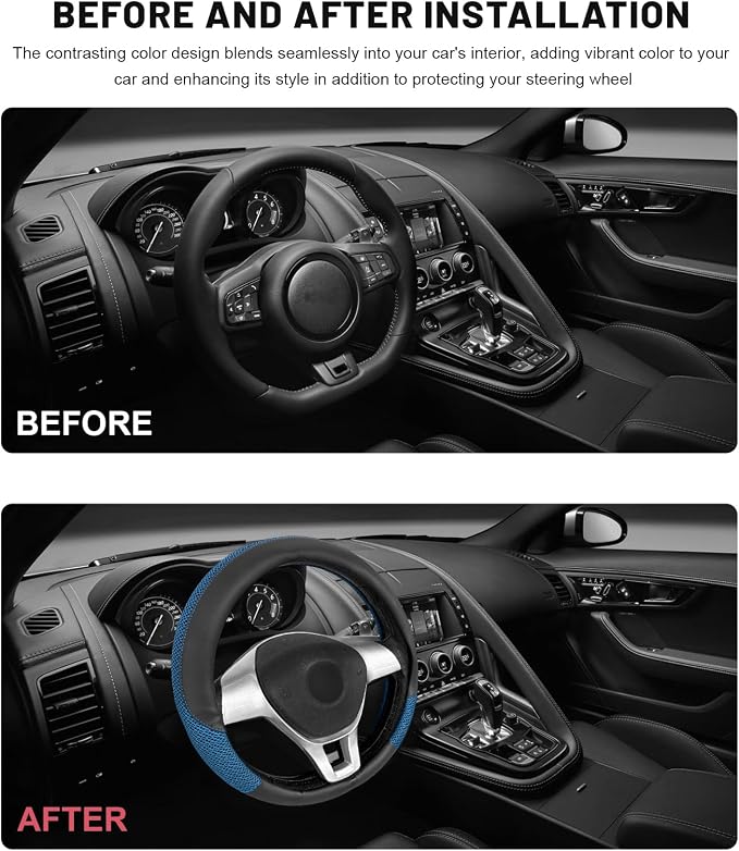 Sun Walker Steering Wheel Cover, 15 inch Breathable Steering Wheel Protector with Anti-Slip Lining, Comfortable Wheel Wrap Cover for Most Vehicles, Universal Car Accessories (Blue)