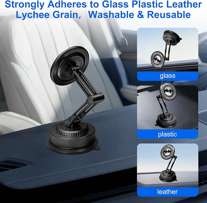 PIEPIE All-Metal Alloy Long Arm Magnetic Suction Cup Car Phone Mount(Black) | Strong Powerful Magnetic Heavy-Duty Windshield Dash 360° Mechanical Rotation Cell Mobile Phone Vehicle Bracket for All Cars