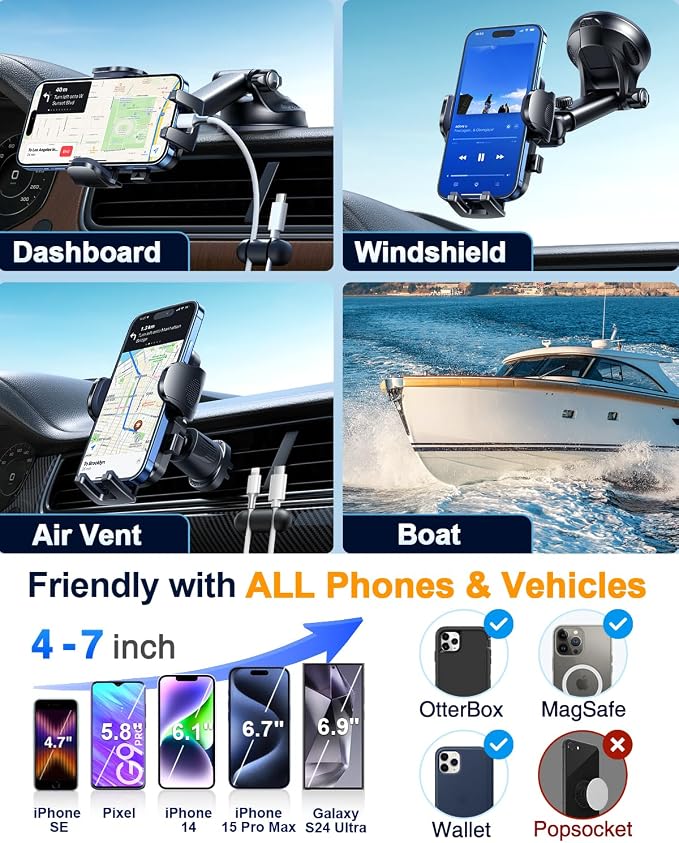 YRU True Military-Grade Shock Mounting Kits [360° Rotation Suction] 2026 Ultimate Car Phone Holder Mount【90+LBS Safest Strongest & Patent Certs】 Dash Windshield for iPhone 17 16 Pro Max, Gloss Black