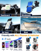YRU True Military-Grade Shock Mounting Kits [360° Rotation Suction] 2026 Ultimate Car Phone Holder Mount【90+LBS Safest Strongest & Patent Certs】 Dash Windshield for iPhone 17 16 Pro Max, Gloss Black
