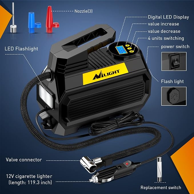 Tire Inflator Air Compressor Portable Air Pump for 12V DC Car Tires with Digital Pressure Gauge 150PSI Auto Tire Pump with LED Light for Cars ATVs Bicycles, 2 Years Warranty, 50066A