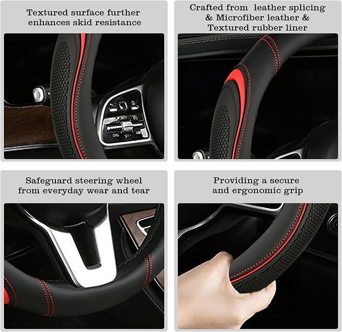 Leather Splicing Black Red Car Steering Wheel Cover,14.5-15 Inch Universal Microfiber Leather Covers Breathable Anti-Slip Odorless Steering Wheels Accessories for Men Women