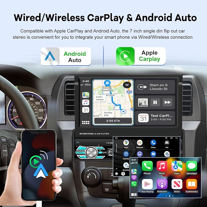 Single Din Flip Out Screen Car Stereo with Wireless Carplay and Android Auto, 7 inch 1 Din Touch Screen Radio Support Bluetooth/SWC/USB/FM + Backup Camera + Mic + Remote Control