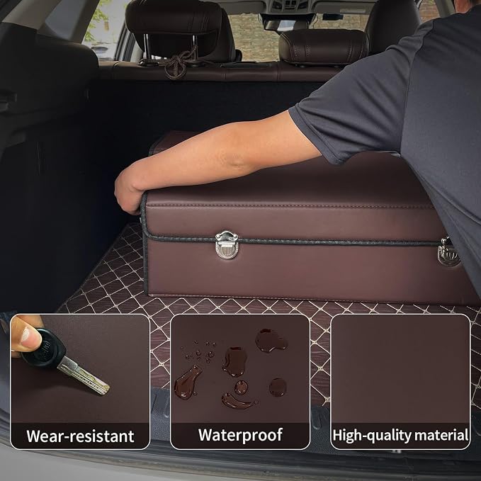 Car Trunk Organizer with Lid,Foldable Faux Leather Cargo Storage Box,3 Compartments,Collapsible Multi-Functional Organizer for SUV,Sedan and Vehicle Trunk