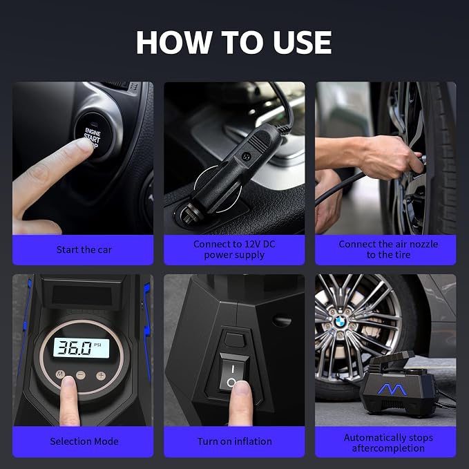 Tire Inflator Portable Air Compressor, Air Pump for Car Tires, 9.84Ft Cord-12V DC-Powered Auto Pump with Digital Pressure Gauge, LED Light-Car Accessories for Car, Motorcycles, Bicycle, Ball, Balloons
