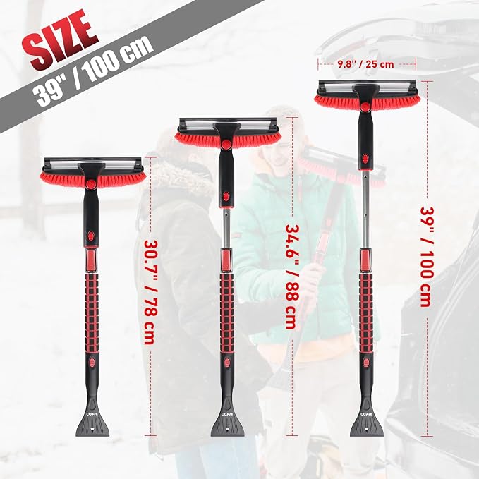 Car Snow Brush with Ice Scraper and Squeegee 3 in 1, 39" Extendable Cleaning Kit Long Handle, Windshield Snow Removal Tool Scratch Free for SUV Truck RV Window Roof Exterior Wash Supplies, Red
